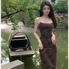 New Chinese Style Rose Print Mesh Suspender Dress Retro Temperament Waist-hugging Long Skirt