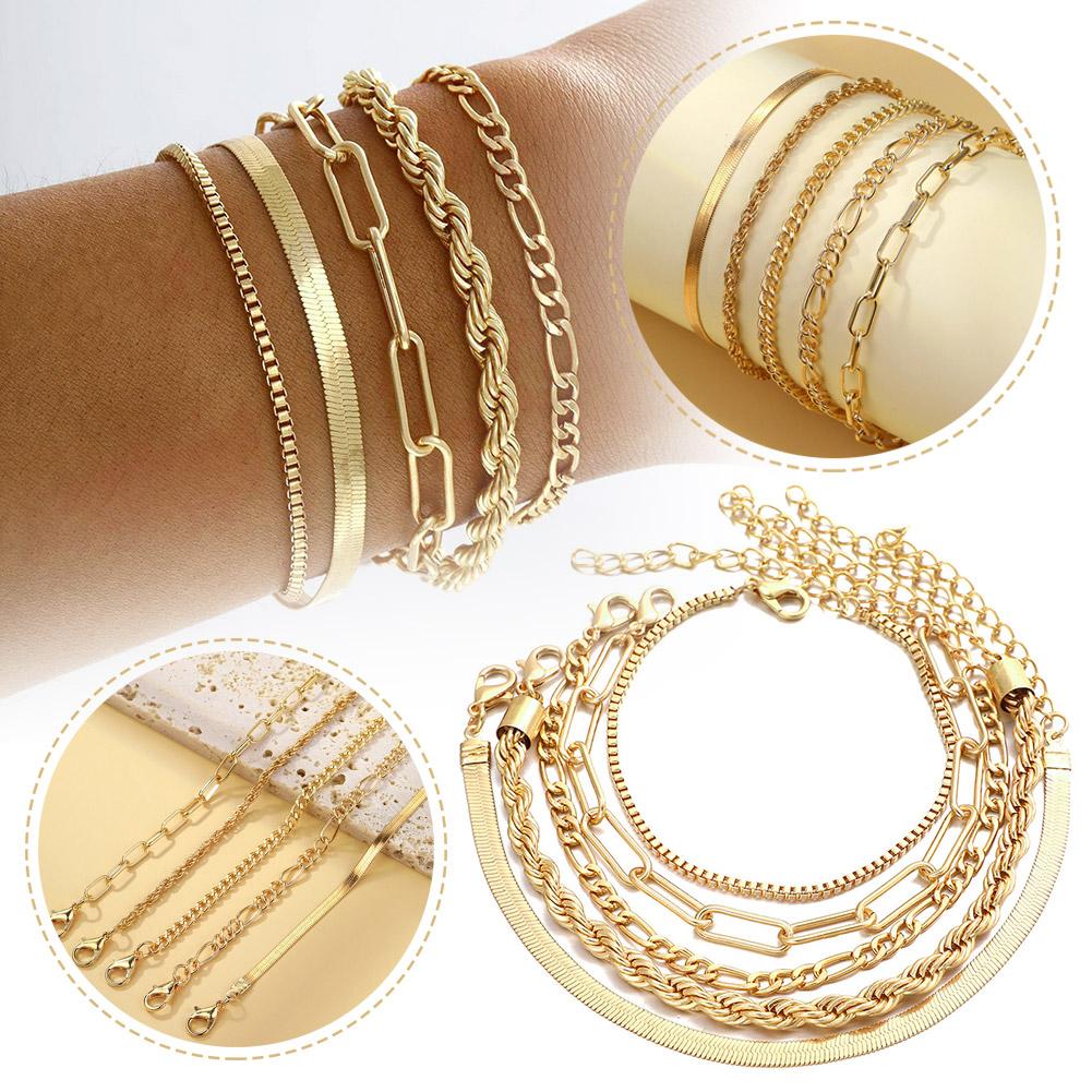 5PCS/Set Bohe Gold Color Heart Bracelet Boho Retro Thick Twist Cuban Chain Bracelet For Women Fashion Jewelry Christmas Gift