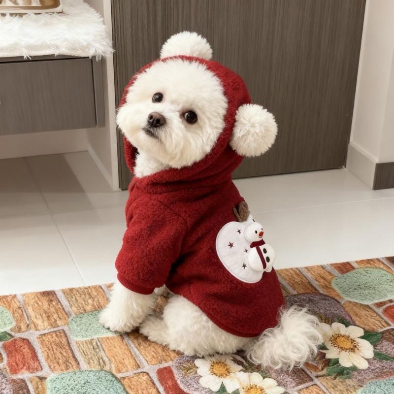 Red Christmas pet lamb wool jacket to keep warm in autumn and winter dog cat cute three-dimensional doll hooded cotton-padded coat