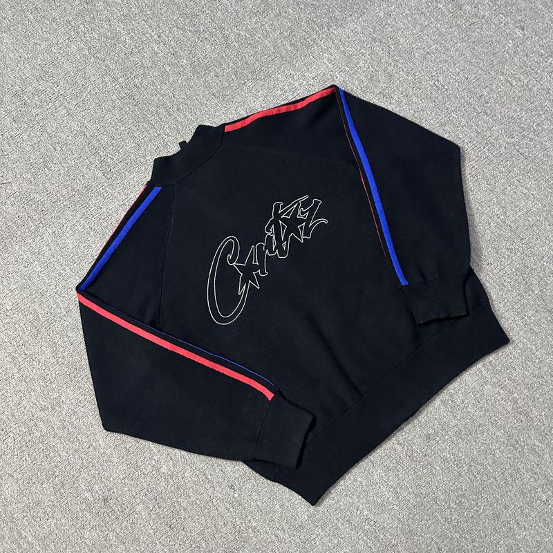 Corteiz Stickad Cardigan med Broderad Ståkrage och Dragkedja - Röd/Blå Kant