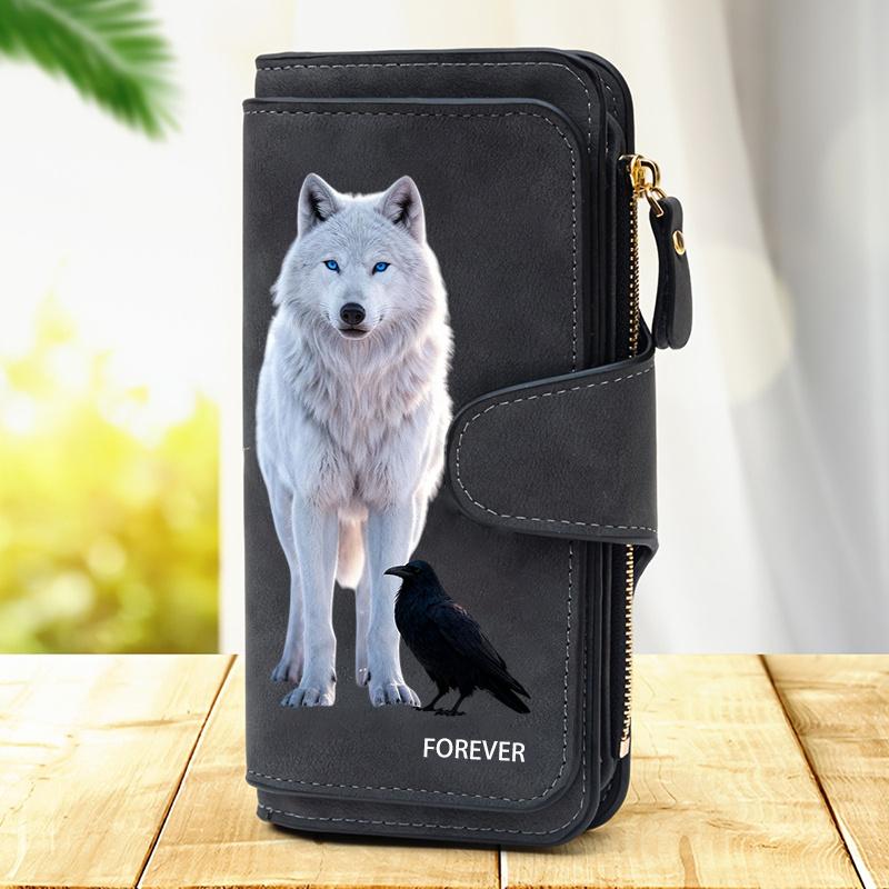 Women's White Wolf Design Long Wallet Multifunctional Snap Closure Coin Purse Ideal Birthday Gift For Animal Lovers Large Capacity Card Holder Phone