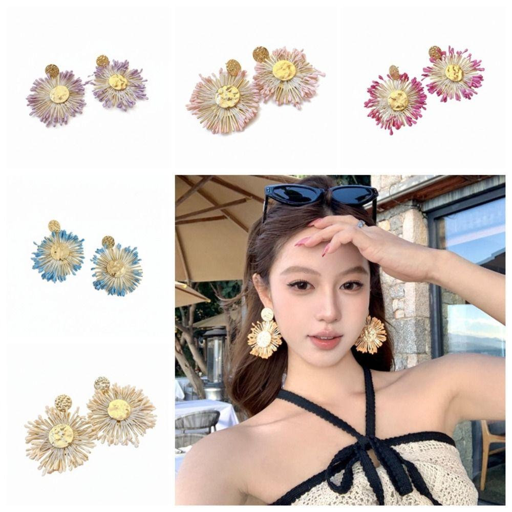 Round Shape Dangle Earrings Floral Design Drop Earrings Raffia Earrings  Photo Shoot