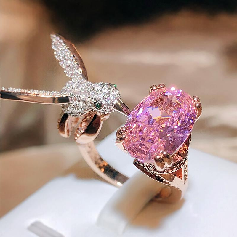 Creative Colored Gemstone Women Ring Simulating St. Mary's Aquamarine Hummingbird Ring  Stamp Wedding Party Fashion Jewellery
