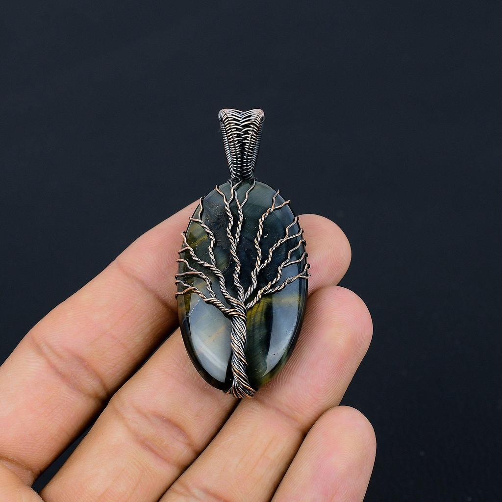 Blue Tiger Eye Pendant, 999 Copper Wire Wrapped Pendant Jewelry. Gift For Women Handmade Pendant Gemstone Jewelry
