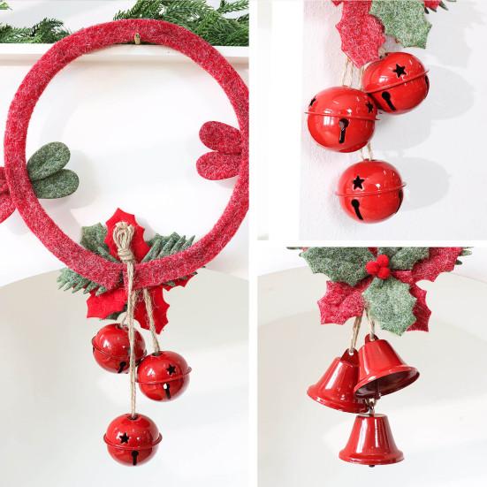 Christmas Window Decoration Non-woven Fabric Bell Wreath, Holly Berry Wreath with Mini Xmas Tree Bells, Hanging for Front Door Wall