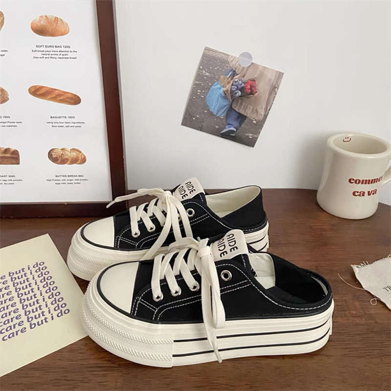 Cream platform canvas shoes women's thin autumn new ins niche big head muffin student