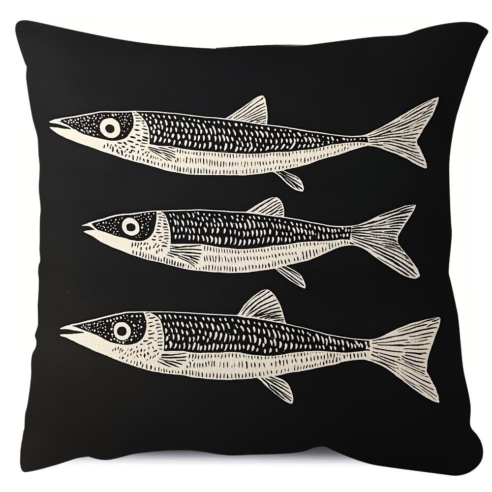 Vintage Fish Pattern Pillow Cover, White Tuna Design On Black Background Cushion Case For Living Room Bedroom Home Decor Gift