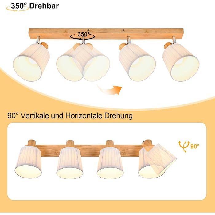 Plafonnier - NETTLIFE - Spot 4 têtes Rétro - Bois naturel - Abat-jour tissu blanc pivotant 350° - Culot E14