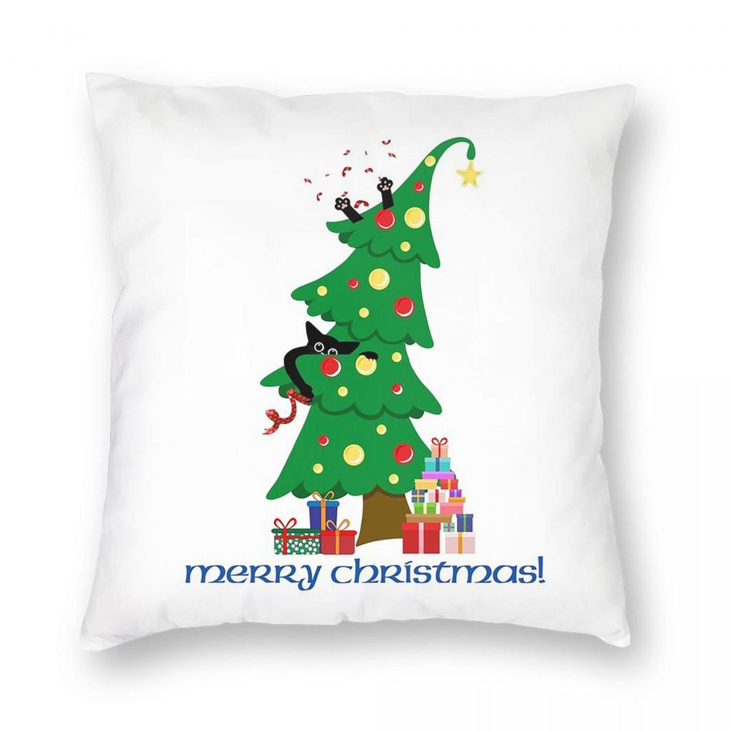 Cartoon Black Cat Decorates Christmas Tree Square Pillowcase Pillow Cover Cushion Zip Decorative Comfort Throw Pillow for Home