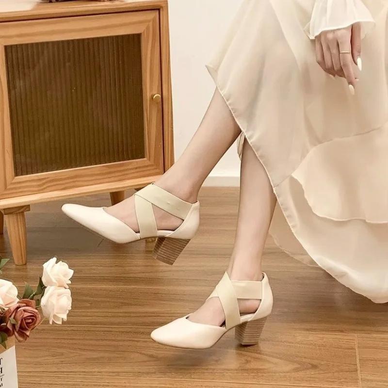 Fashion Round Toe Women's Sandals 2025 Women Pumps French Style Summer Lady Spring Autum Retro Shallow Mouth Square Thick Heel