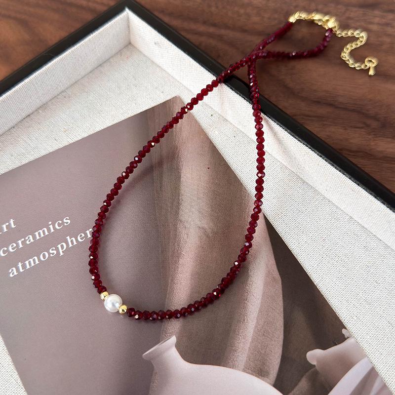 Ancola Red Pearl & Crushed Silver Luxury Choker Necklace: High-End, Fashion-Forward Clavicle Chain