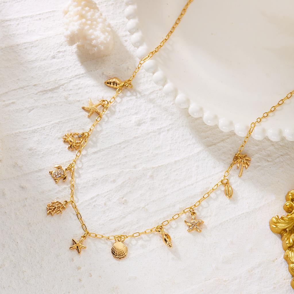 Boho Zircon Starfish Shell Conch Pendant Necklace for Women Seahorse Crab Pearl Metal Chain Choker Summer Beach Party Jewelry