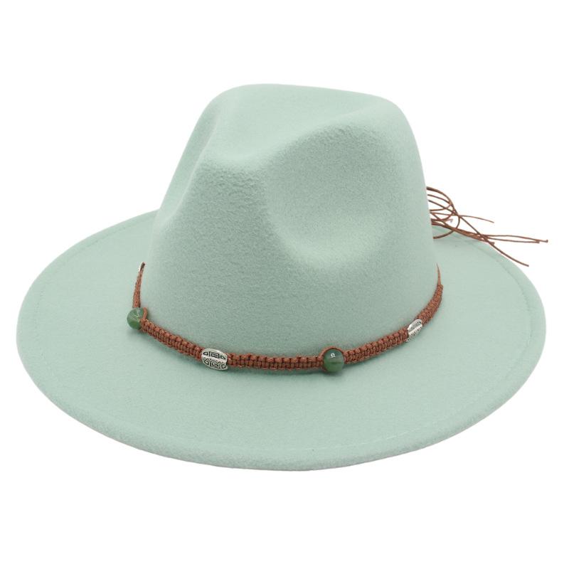 2023 New Top Hat Jade Accessories Woven Fleece Belt Foreign Trade Jazz Hat Big Eaves Show Small Face Big Head Circle Felt Hat