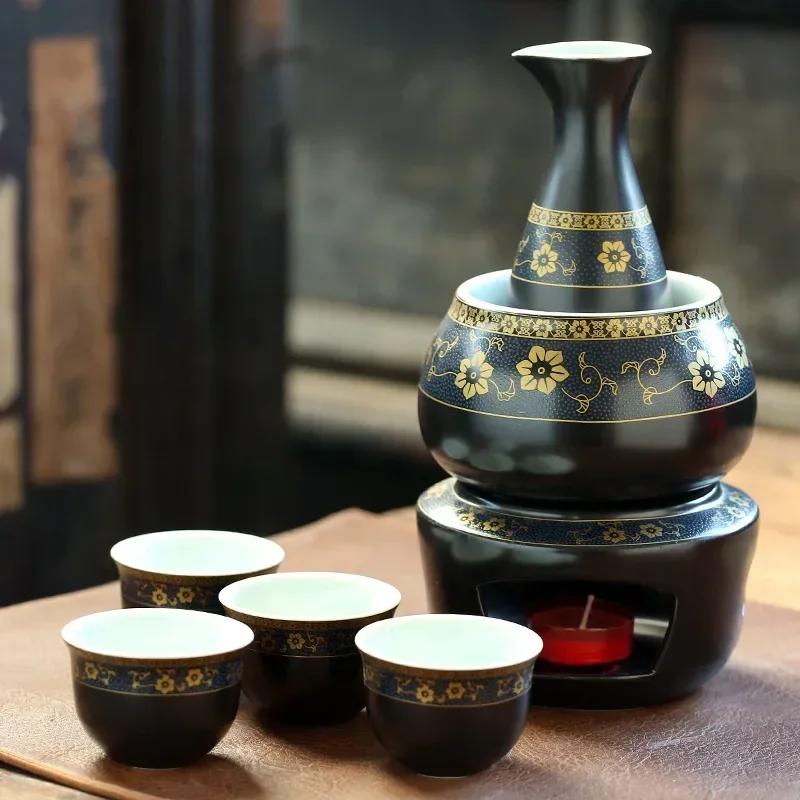 Janpanese Sake Set with Wamer, Ceramic 7pcs Wine Set with 1 Carafe 4 Sake Cups 1 Sake Warmer 1 Candle Stove