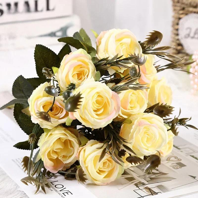 

Retro Artificial Roses Bouquet Elegance Bridal Wedding Realistic Roses Flowers Floral Arrangement Ornaments Home Decoration жёлтый