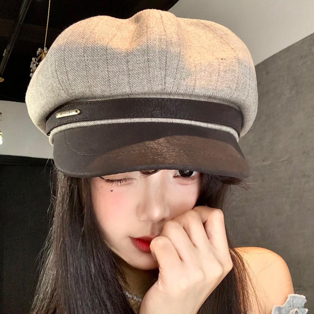 British Style Splicing Striped Octagonal Hat Female Face Small Big Head Circumference Beret Versatile Fashion Newsboy Painter Hat