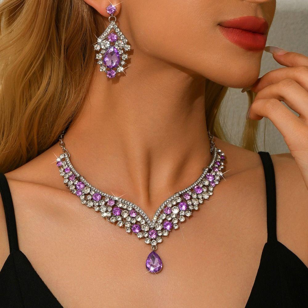 2Pcs/set Shining Rhinestone Jewelry Set Crystal Necklace Earrings Set  Banquet