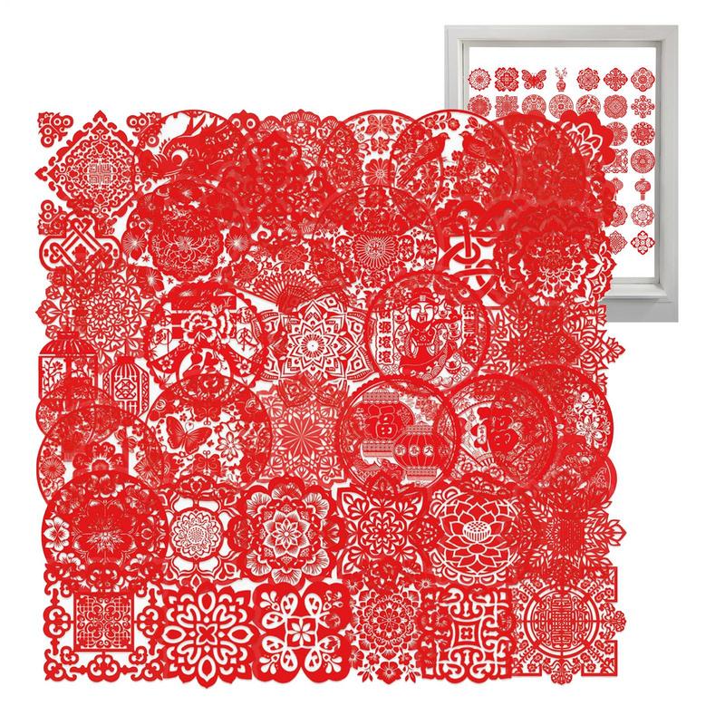 Spring Festival Window Paper-Cut Stickers Waterproof 50pcs Red Paper Cut Lunar New Year Stickers Spring Festival Clings Decal United States