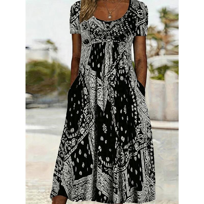 JPNTKY Women's Fashion Summer Spring Short Sleeve U-Neck Casual Dresses