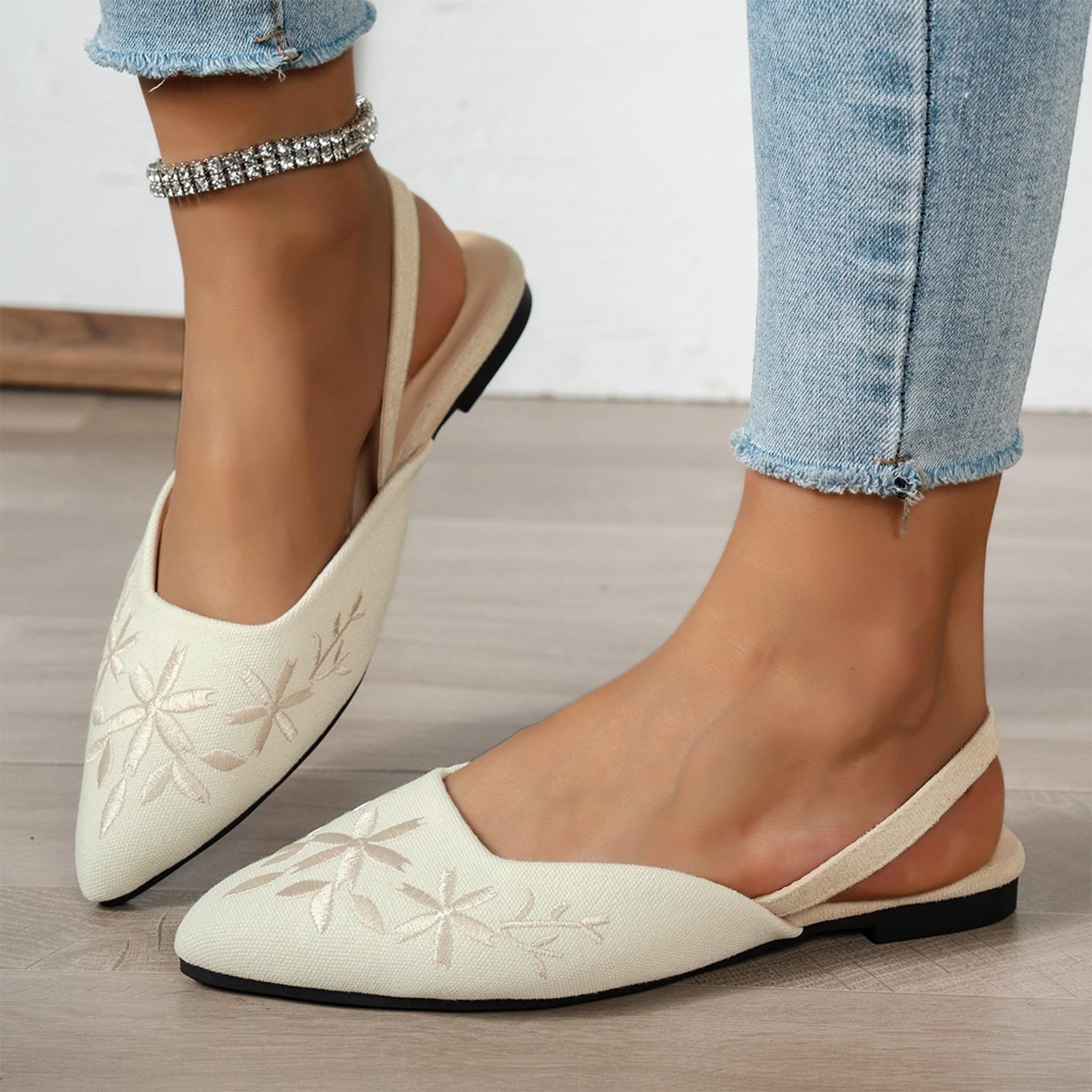 Women s Embroidered Slingback Flats Pointed Toe Low Block Heel Casual Slip On Shoes with Floral Pattern and Comfortable Fit 36 бежевый
