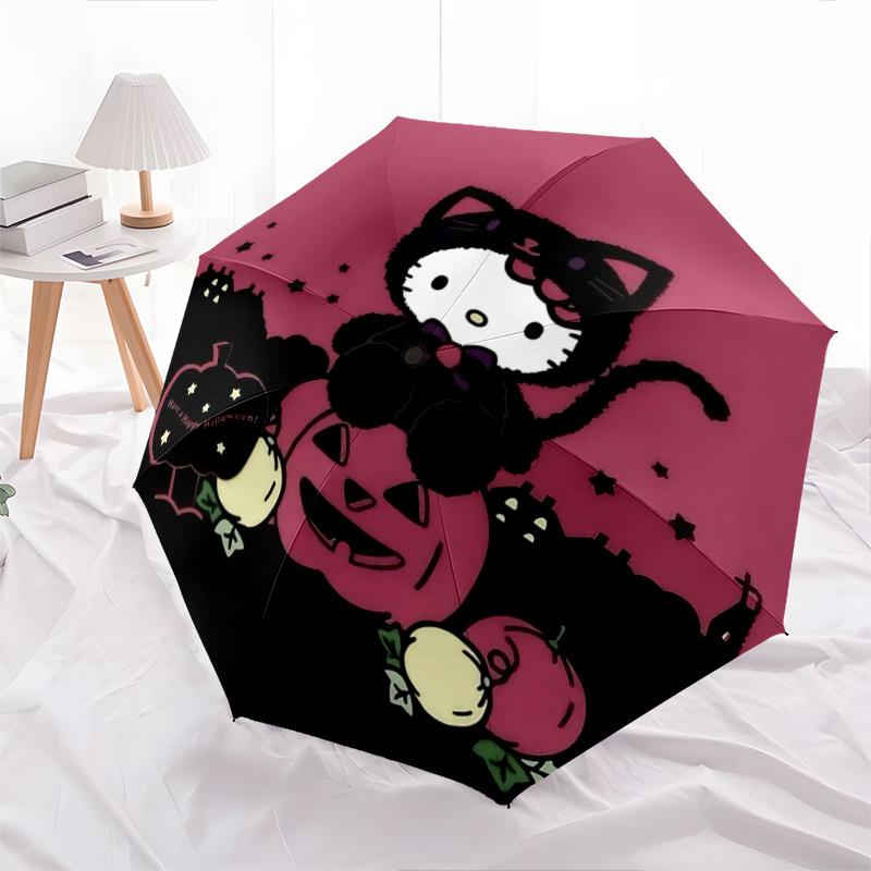 

1pc Hello Kitty Halloween Pumpkin Automatic Opening/Closing Umbrella - Portable Three-Fold Design with 8-Bone Iron Frame - Outdoor, Gift for Fans, Tra