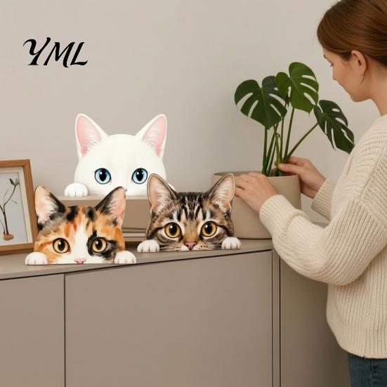 Cute Cat Theme Room Decor Shelf Sitter Ornament, Wooden Peeking Kitten Figurine, Desk 2D Flat Decorative Statue for Desktops And Bookshelves