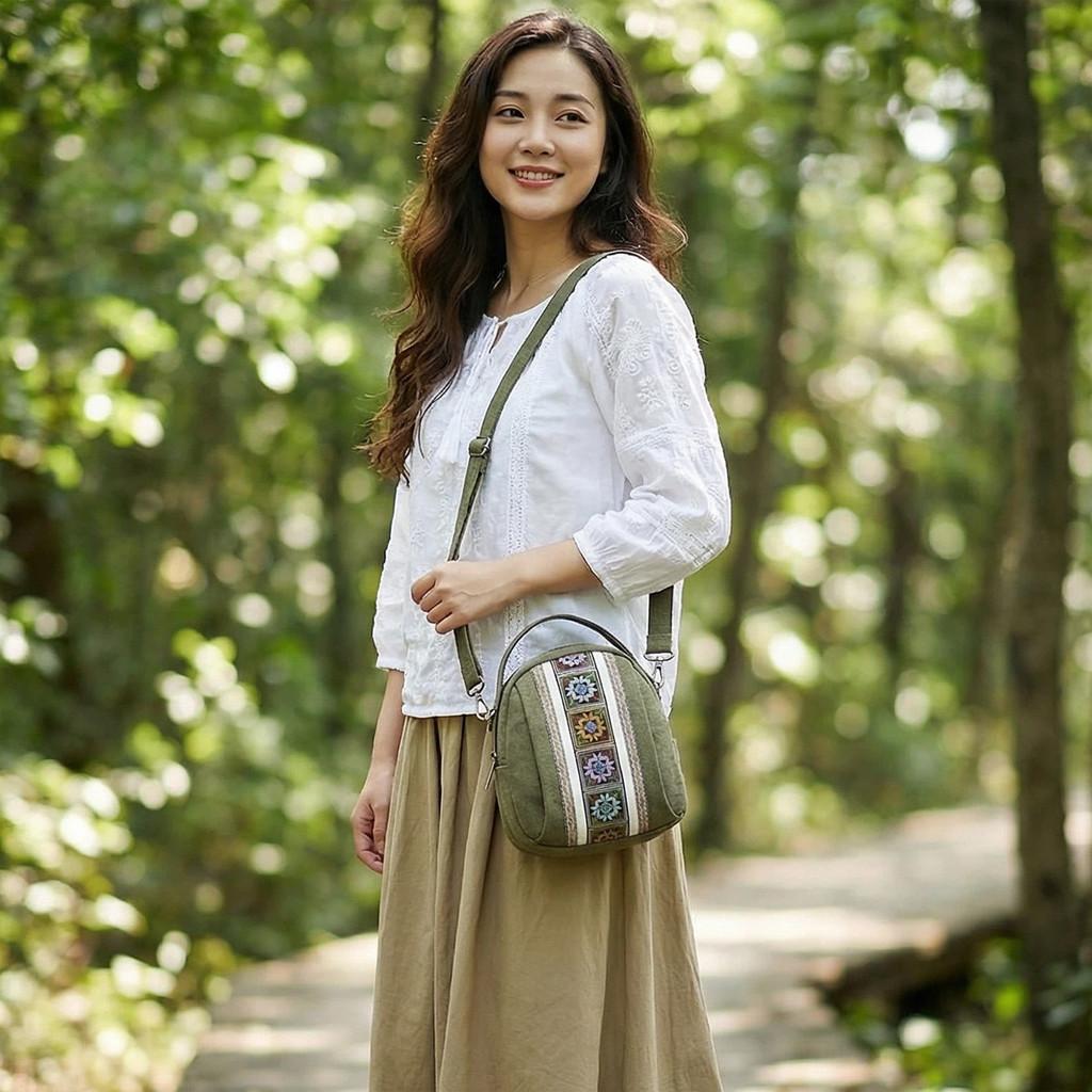 Canvas Ethnic Embroidery Shell Shape Small Bag With Zipper Pockets For Daily Use