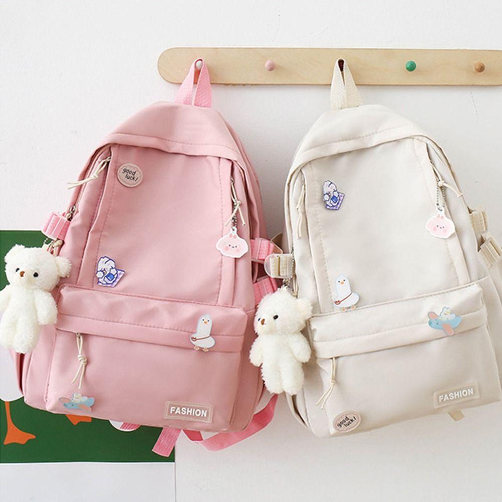 Large Capacity Solid Color Backpack Bear Pendant Shoulder Bag Cute Students School Bag  Travel
