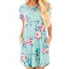 QICED אופנה נשים קיץ קצר שמלת הדפס פרחוני רוקט שרוול קצר O-Neck שמלות קז'ואל רופפות