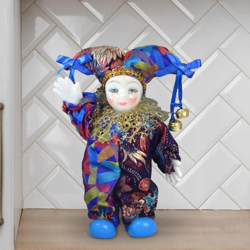 Movable Limb Ceramic Clown Statue with Handcrafts Fabric Outfit Holiday Decoration Collectible Clown Figurine Doll