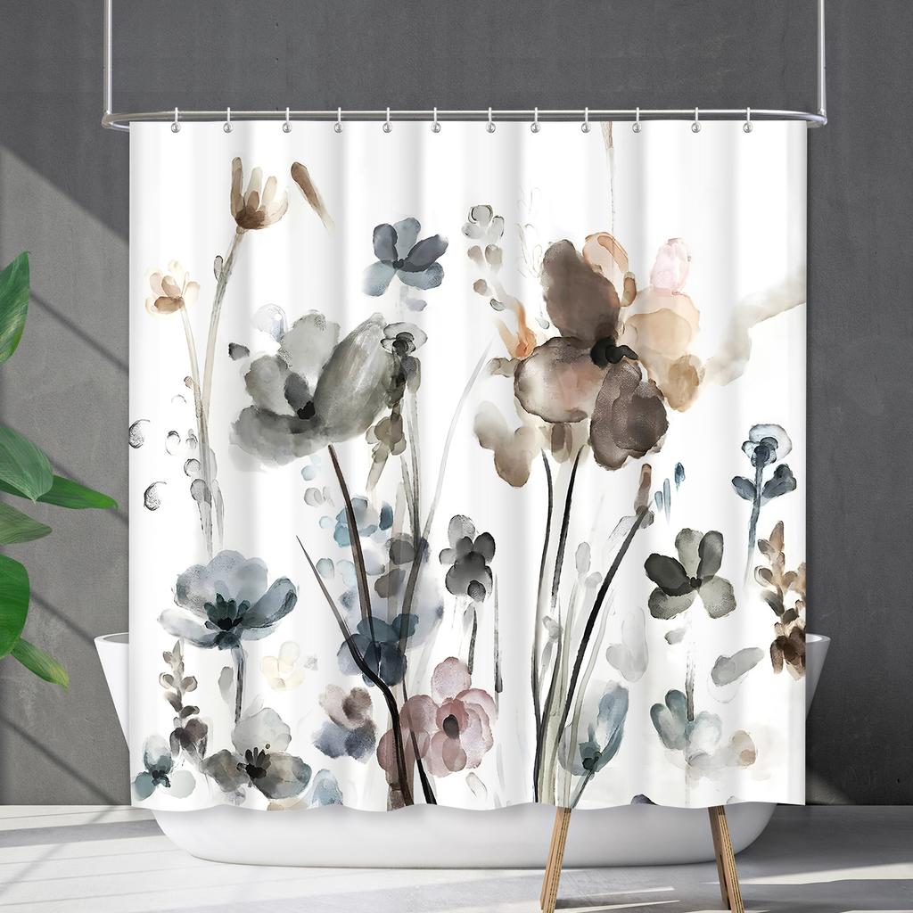 Green Plant Waterproof and Mildew-proof Polyester Bathroom Shower Curtain Shower Curtain Partition Curtain Free of Punching