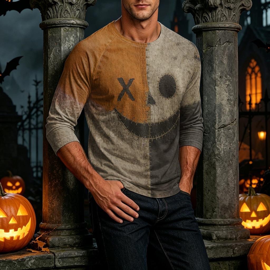 Men's Neck Halloween Print Raglan Sleeve Three-Quarter Length T-Shirt for Casual Wear