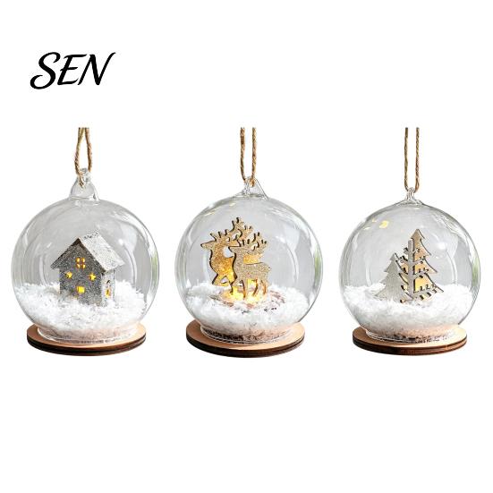 Winterwunderland Szene Requisiten Beleuchteter Weihnachtskugel Schmuck, LED Schnee Warmes Licht Anhänger Hängende Kugel mit Rentierhütte für Baum