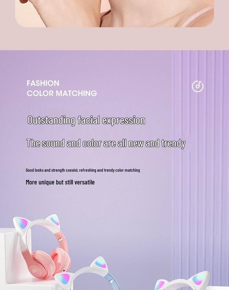 Popular Gradient Cat Ear Bluetooth Headphones, Cute & Trendy, with Long Battery Life for Wireless Sports & Gaming.