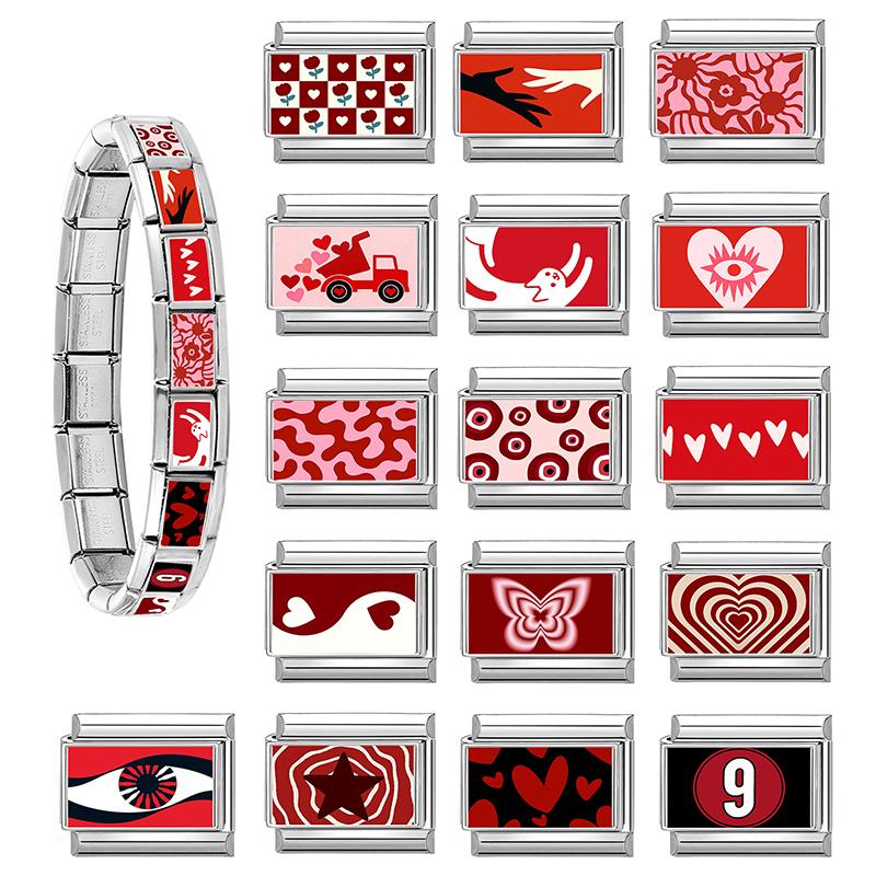 Fashion Y2K Red Printing Heart Eye Tai Chi Butterfly Car Italian Charm Links Fit 9MM Stainless Steel Bracelet Women DIY Making