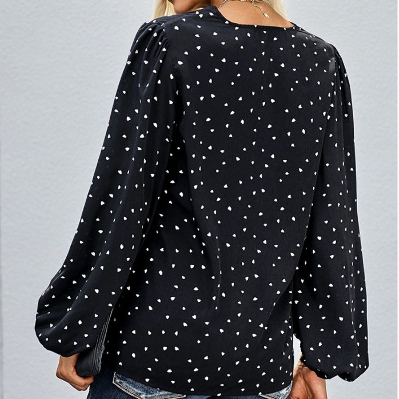 Plus Size V Neck Dotted Prints Loose Long Sleeve Shirt