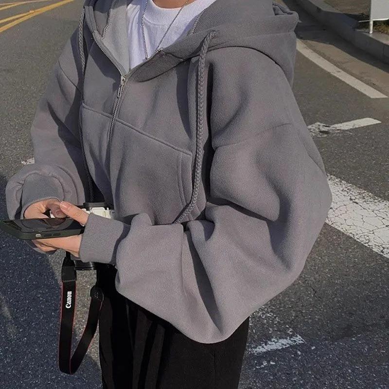 Lazy wind loose hooded sweater women's 2024 autumn and winter fleece thickened short zipper long-sleeved jacket