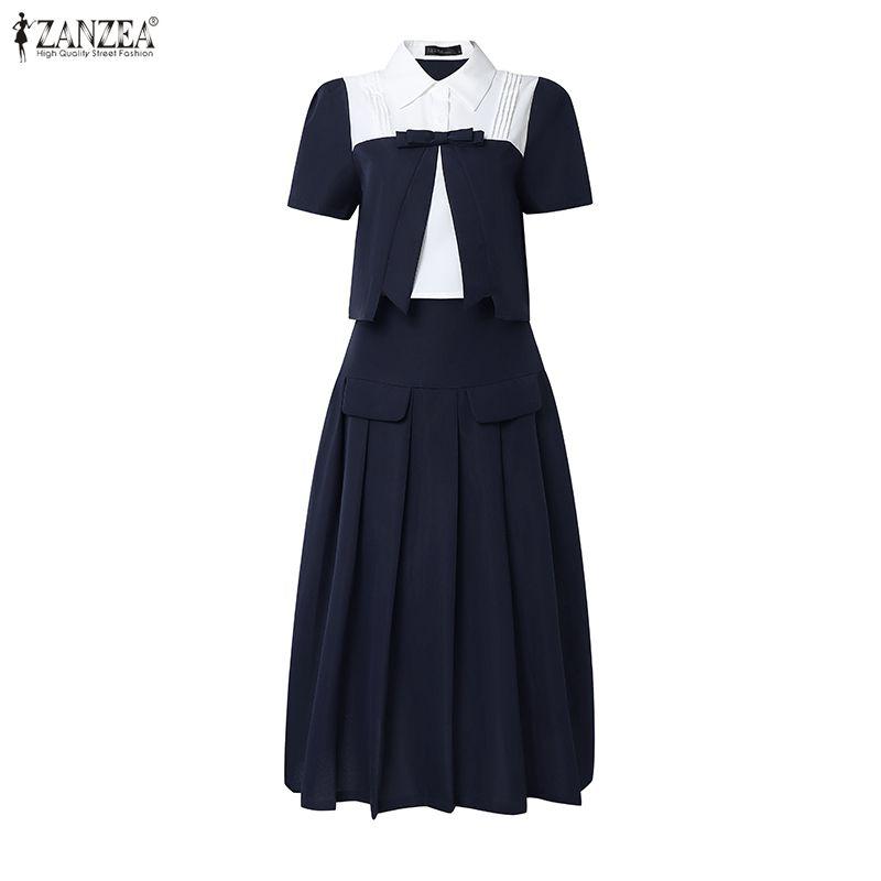 ZANZEA Women Short Sleeve Blouse and Midi Skirts Summer Two Piece Suit Sets