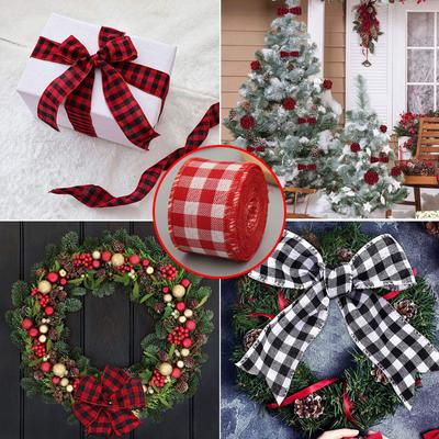 6M Christmas Checkered Wired Edge Weave Ribbon Plaid Black Red Green Diamond Check Pattern Craft Christmas Decoration Linen