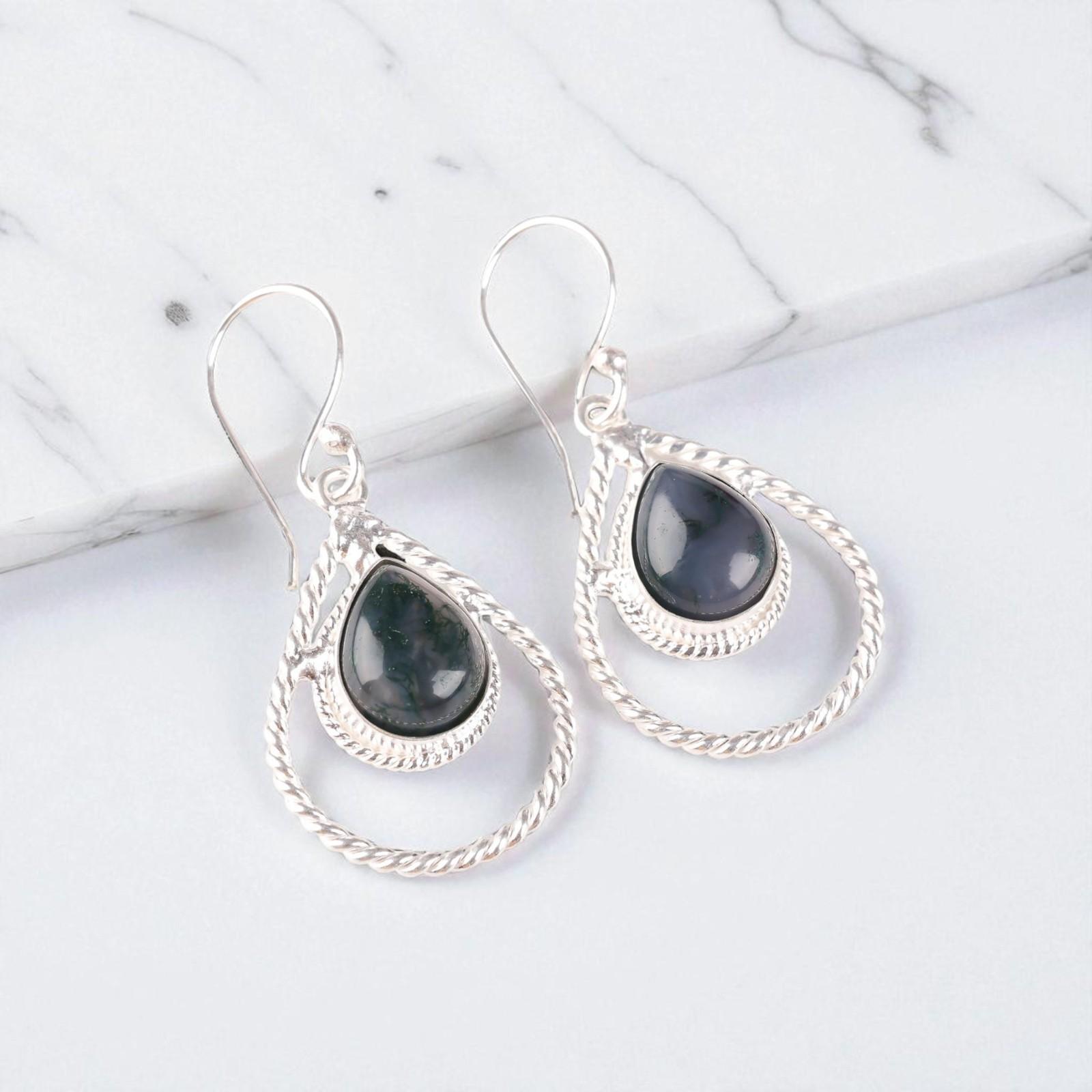 

Natural Moss Agate Gemstone 925 Sterling Silver Jewelry Handmade Earrings1.70 EE-96-23