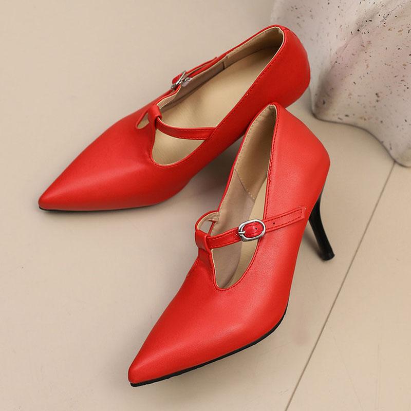 Faux Suede Pumps Women High Heel Shoes 8.5 cm Female T-belt Custom PU Leather Sexy Pointed Toe Thin Heels Working Shoes WSH5253