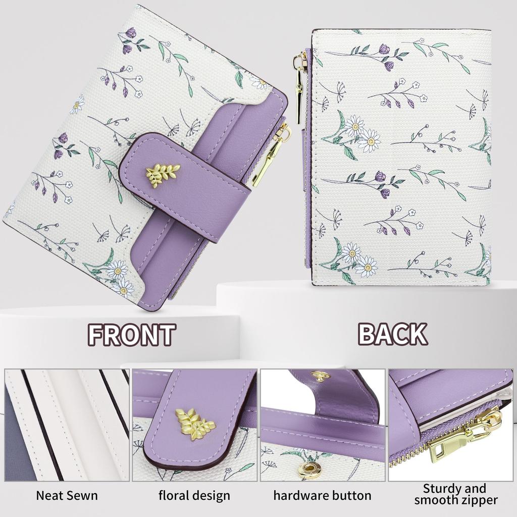 Farcauo Women's Mini Bifold Wallet, Popular and Cute Purple Wallet for Women, RFID Anti-Theft, Minimalist Floral Design, Coin Pocket, and Coin Purse