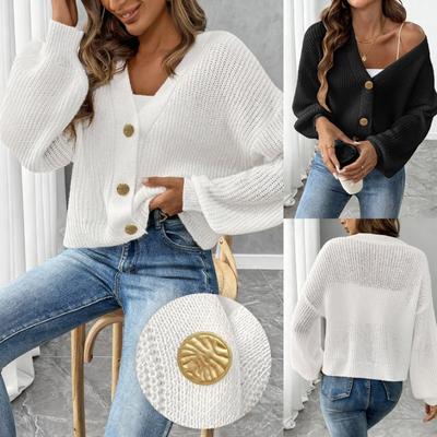 Women Simple Short V Neck Gold Button Long Sleeve Cardigan Sweater Coat