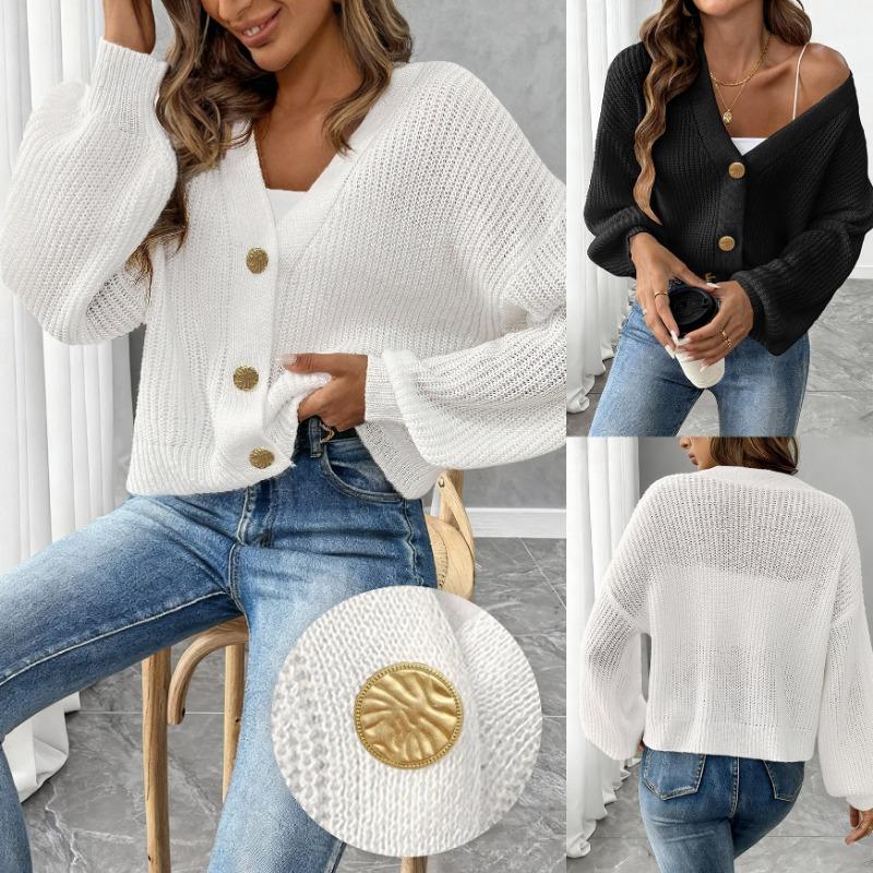 Women Simple Short V Neck Gold Button Long Sleeve Cardigan Sweater Coat