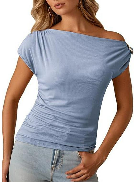 2026 European & American Off-Shoulder Cinched Waist Fashion Pullover Women's T-Shirt