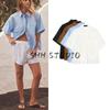 Spring and Summer New Women Clothes Pleated Decorative Pocket Decoration Poplin Cotton Short Sleeve Shirts Top 4764025
