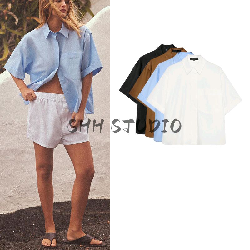 Spring and Summer New Women clothes Pleated Decorative Pocket Decoration Poplin Cotton Short sleeve Shirts Top 4764025