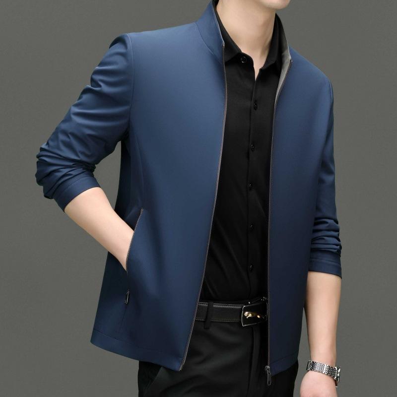 New Mulberry Silk Men's Jacket Spring and Autumn Business Casual Young and Middle-aged Stand Collar Thin Jacket Leader Dad Wear
