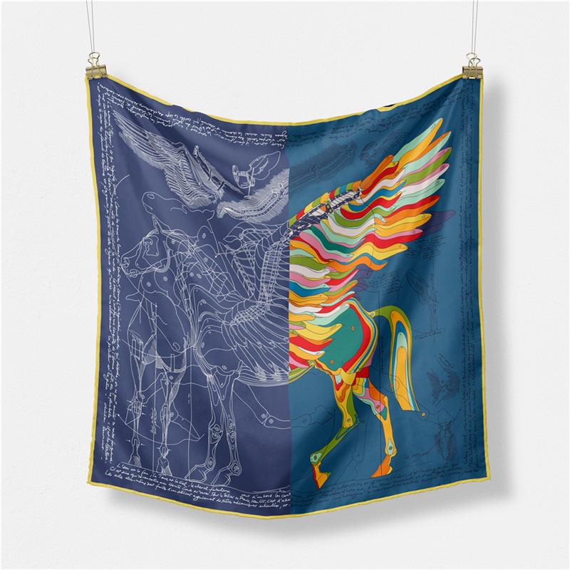 Twill Silk Scarf Woman Giraffe Painting Square Scarves Wraps Bandana Small Hijab Silk Foulards Tie Headband Neckerchief 53CM