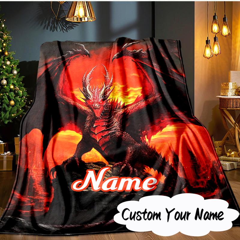 Custom Name Fiery Dragon's Majesty Blanket  Ideal Bedding Blanket Perfect for Travel, Camping, Living Rooms, Offices, Sofas, Fan Christmas Gift